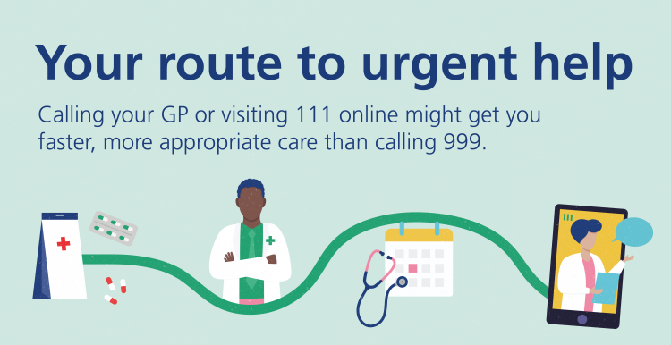 NHS Urgent Care Campaign. Left to right, prescription list and medication, doctor, calendar and stethoscope, doctor on mobile phone talking.