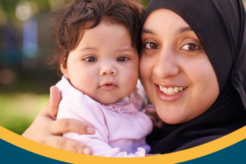 Maternity Equity and Equality project image shows smiling mother with hijab holding her child